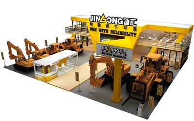 504平米展台设计制作：三面开口/现代/木质结构/黄色，为机械展展商而作（免费使用）