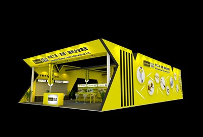 180平米展台设计制作：一面开口/现代/木质结构/黄色，为汽配展展商而作（免费使用）
