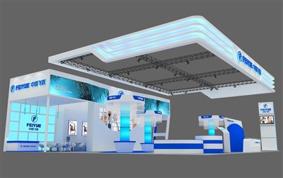 324平米展台设计制作：三面开口/前卫/木质结构/蓝色，为机械展展商而作（免费使用）