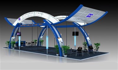 90平米展台设计制作：四面开口/现代/木质结构/蓝色，为机械展展商而作（免费使用）