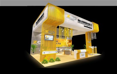 48平米展台设计制作：三面开口/前卫/木质结构/黄色，为机械展展商而作（免费使用）