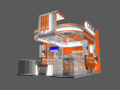 54平米展台设计制作：三面开口/现代/木质结构/橙色，为机械展展商而作（免费使用）