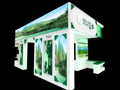 54平米展台设计制作：四面开口/中式/木质结构/绿色，为茶博会展商而作（免费使用）