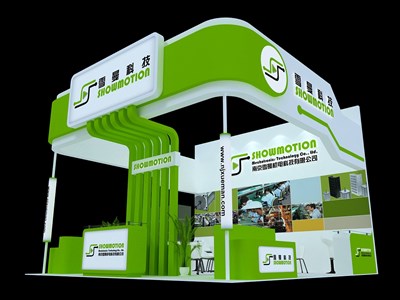 36平米展台设计制作：三面开口/现代/木质结构/绿色，为机械展展商而作（免费使用）