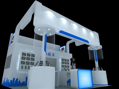 36平米展台设计制作：三面开口/现代/木质结构/蓝色，为电子展展商而作（免费使用）