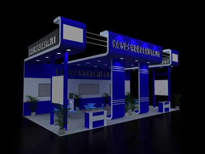 72平米展台设计制作：三面开口/现代/木质结构/蓝色，为汽配展展商而作（免费使用）