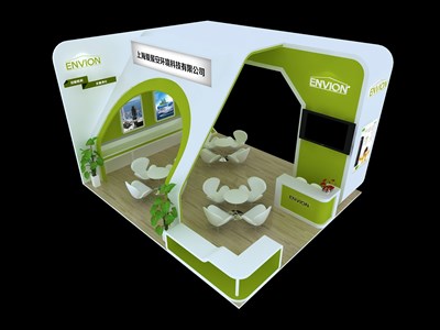 42平米展台设计制作：三面开口/前卫/木质结构/绿色，为电子展展商而作（免费使用）