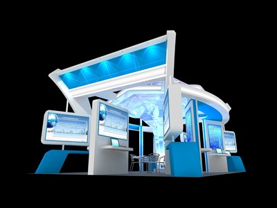 54平米展台设计制作：四面开口/现代/型材结构/蓝色，为电子展展商而作（免费使用）