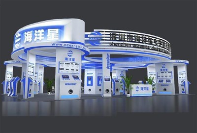 180平米展台设计制作：四面开口/现代/木质结构/蓝色，为电子展展商而作（免费使用）