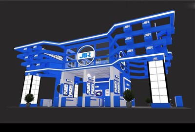150平米展台设计制作：四面开口/前卫/木质结构/蓝色，为电子展展商而作（免费使用）