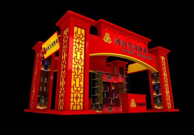 54平米展台设计制作：四面开口/中式/木质结构/红色，为糖酒展展商而作（免费使用）