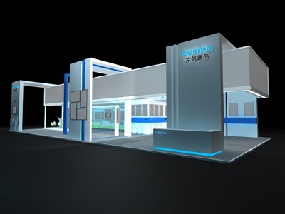 200平米展台设计制作：三面开口/前卫/木质结构/蓝色，为电子展展商而作（免费使用）