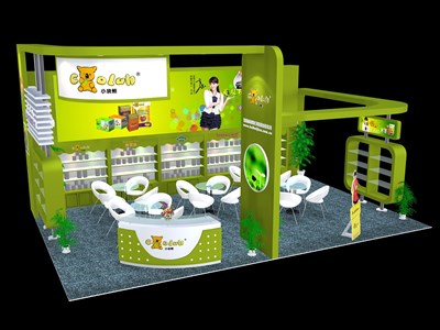 54平米展台设计制作：一面开口/现代/木质结构/绿色，为婴幼展展商而作（免费使用）