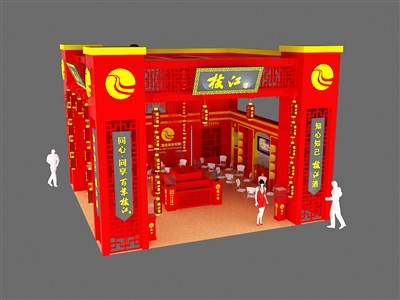 64平米展台设计制作：二面开口/中式/木质结构/红色，为糖酒展展商而作（免费使用）