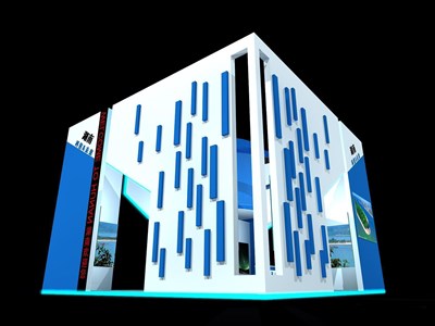 100平米展台设计制作：三面开口/现代/木质结构/蓝色，为综合展展商而作（免费使用）
