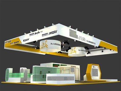 150平米展台设计制作：四面开口/现代/型材结构/黄色，为电子展展商而作（免费使用）
