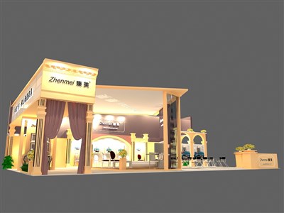 135平米展台设计制作：三面开口/现代/木质结构/米色，为家具展展商而作（免费使用）