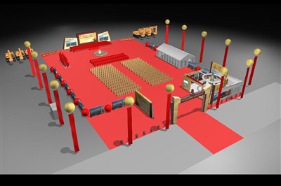 2016平米展台设计制作：三面开口/现代/木质结构/红色，为舞台开幕式展商而作（免费使用）