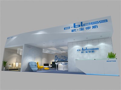 140平米展台设计制作：二面开口/现代/型材结构/蓝色，为家具展展商而作（免费使用）