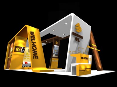 45平米展台设计制作：三面开口/前卫/型材结构/黄色，为家具展展商而作（免费使用）