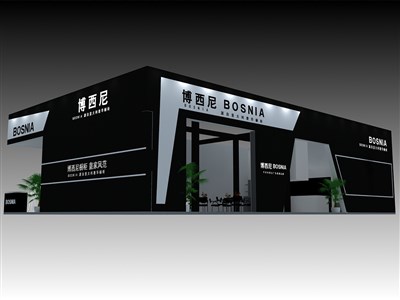 54平米展台设计制作：三面开口/现代/型材结构/黑色，为家具展展商而作（免费使用）