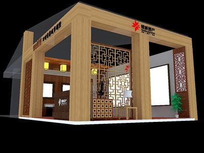 42平米展台设计制作：二面开口/中式/木质结构/咖啡色，为房产展展商而作（免费使用）