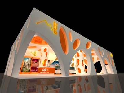 360平米展台设计制作：三面开口/前卫/木质结构/橙色，为房产展展商而作（免费使用）
