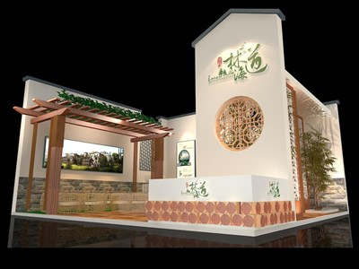 64平米展台设计制作：二面开口/田园/木质结构/咖啡色，为房产展展商而作（免费使用）
