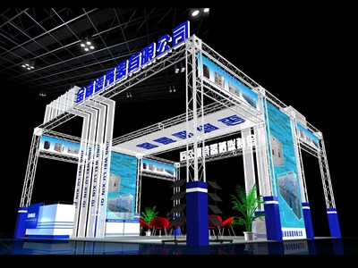 100平米展台设计制作：四面开口/现代/型材结构/蓝色，为机械展展商而作（免费使用）