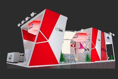 90平米展台设计制作：三面开口/现代/型材结构/红色，为电子展展商而作（免费使用）