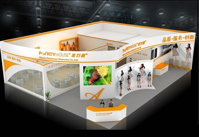 270平米展台设计制作：二面开口/前卫/木质结构/橙色，为电子展展商而作（免费使用）