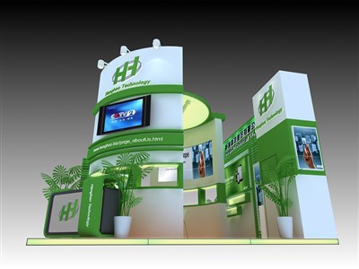 56平米展台设计制作：二面开口/现代/木质结构/绿色，为电子展展商而作（免费使用）