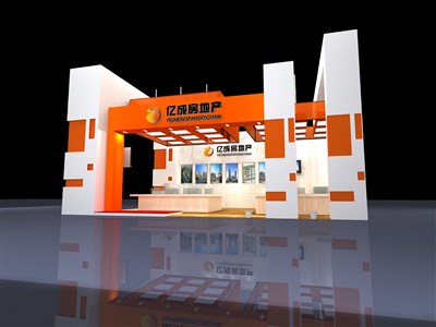 60平米展台设计制作：三面开口/现代/木质结构/橙色，为房产展展商而作（免费使用）