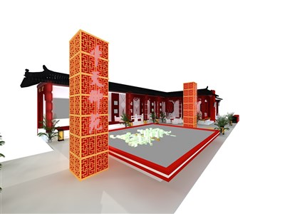 189平米展台设计制作：四面开口/中式/木质结构/红色，为房产展展商而作（免费使用）