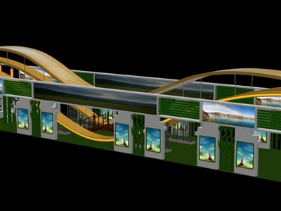 360平米展台设计制作：四面开口/前卫/型材结构/绿色，为旅游展展商而作（免费使用）