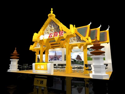 54平米展台设计制作：三面开口/现代/木质结构/黄色，为旅游展展商而作（免费使用）