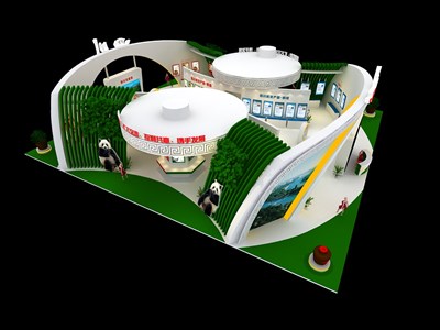 728平米展台设计制作：四面开口/现代/木质结构/绿色，为旅游展展商而作（免费使用）