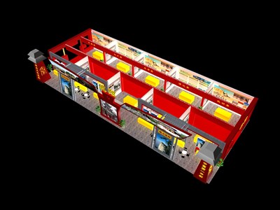 360平米展台设计制作：二面开口/现代/木质结构/红色，为旅游展展商而作（免费使用）