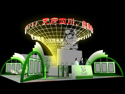 100平米展台设计制作：四面开口/前卫/型材结构/绿色，为旅游展展商而作（免费使用）