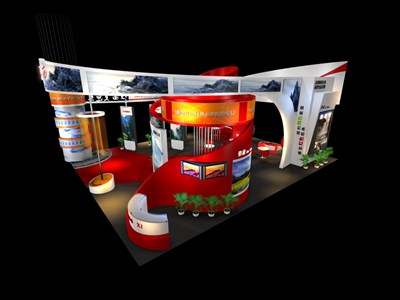 156平米展台设计制作：四面开口/前卫/型材结构/红色，为旅游展展商而作（免费使用）