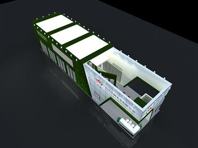 150平米展台设计制作：三面开口/现代/木质结构/绿色，为建材展展商而作（免费使用）