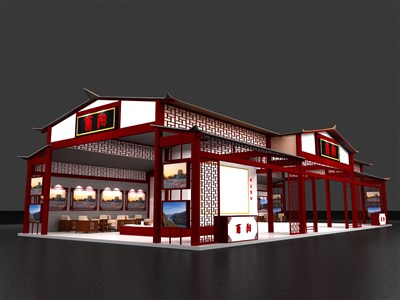 220平米展台设计制作：三面开口/中式/木质结构/红色，为旅游展展商而作（免费使用）