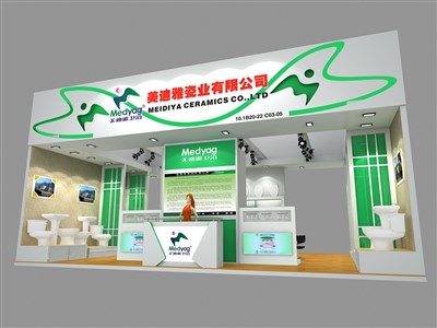 54平米展台设计制作：二面开口/现代/木质结构/绿色，为建材展展商而作（免费使用）