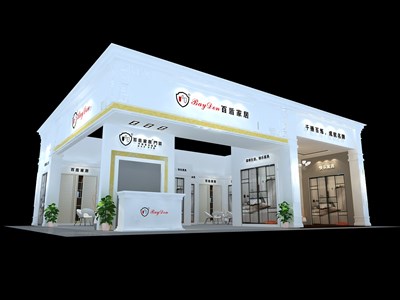 120平米展台设计制作：二面开口/欧式/木质结构/白色，为建材展展商而作（免费使用）