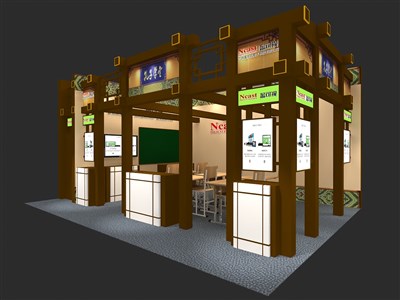 48平米展台设计制作：二面开口/中式/木质结构/咖啡色，为建材展展商而作（免费使用）