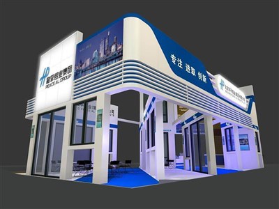 72平米展台设计制作：四面开口/前卫/木质结构/蓝色，为建材展展商而作（免费使用）