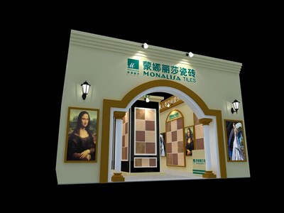 144平米展台设计制作：一面开口/欧式/木质结构/米色，为建材展展商而作（免费使用）