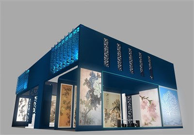 108平米展台设计制作：三面开口/中式/木质结构/蓝色，为建材展展商而作（免费使用）