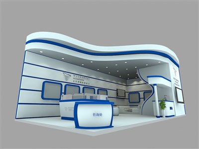 72平米展台设计制作：二面开口/现代/木质结构/蓝色，为综合展展商而作（免费使用）