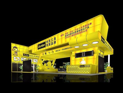 180平米展台设计制作：三面开口/现代/木质结构/黄色，为建材展展商而作（免费使用）